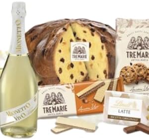 Le Cadeau TRE MARIE 2025 Rovere con 6 pezzi: Confezione Regalo Natalizia, con Panettone 750g, Canestrelli, Biscotti alla nocciola, Tavoletta Cioccolato al latte, Wafer alla Nocciola, Spumante