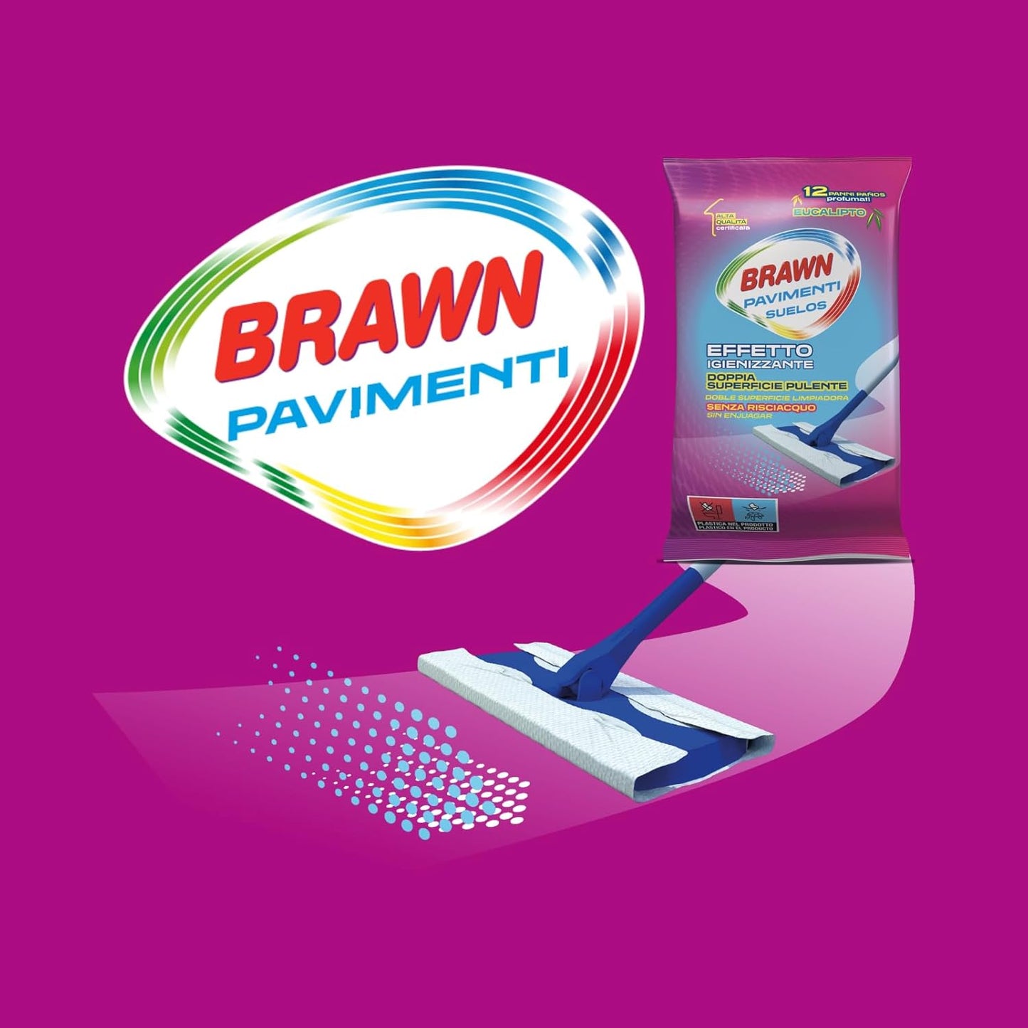 Brawn Pavimenti, Panni Lavapavimenti Effetto Igienizzante, con oli Essenziali di Eucalipto e Vaniglia, Doppia Superficie Pulente Senza Risciacquo, Confezione da 12 panni