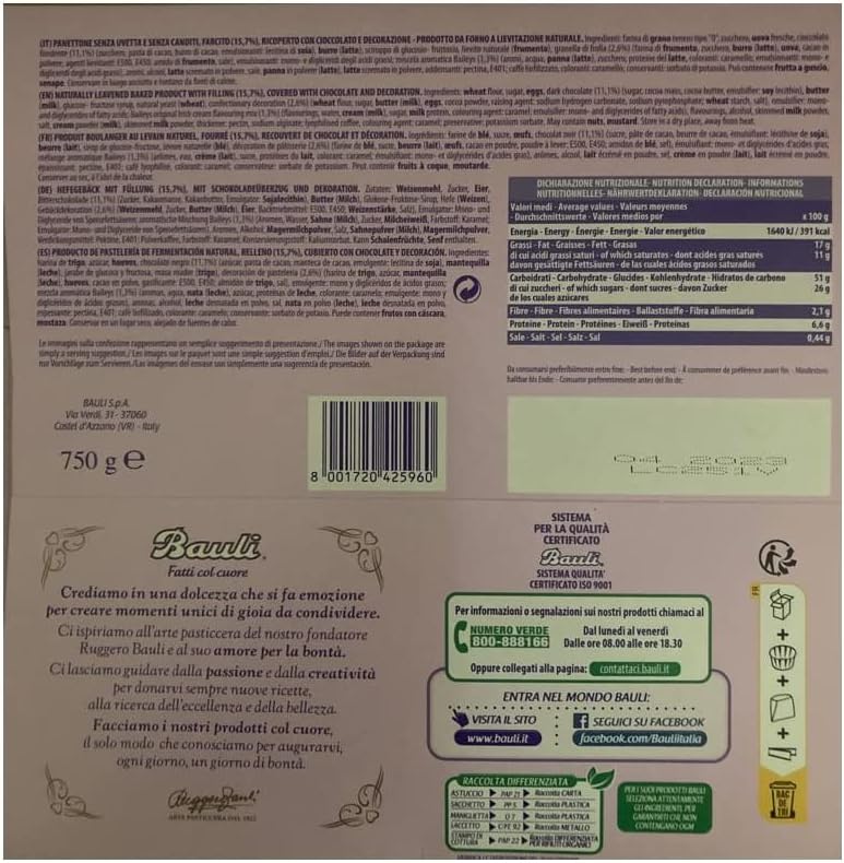 Bauli Panettone Crema al Baileys con Copertura di Cioccolato Fondente e Granella di Biscotto, 750 g - Novità 2022