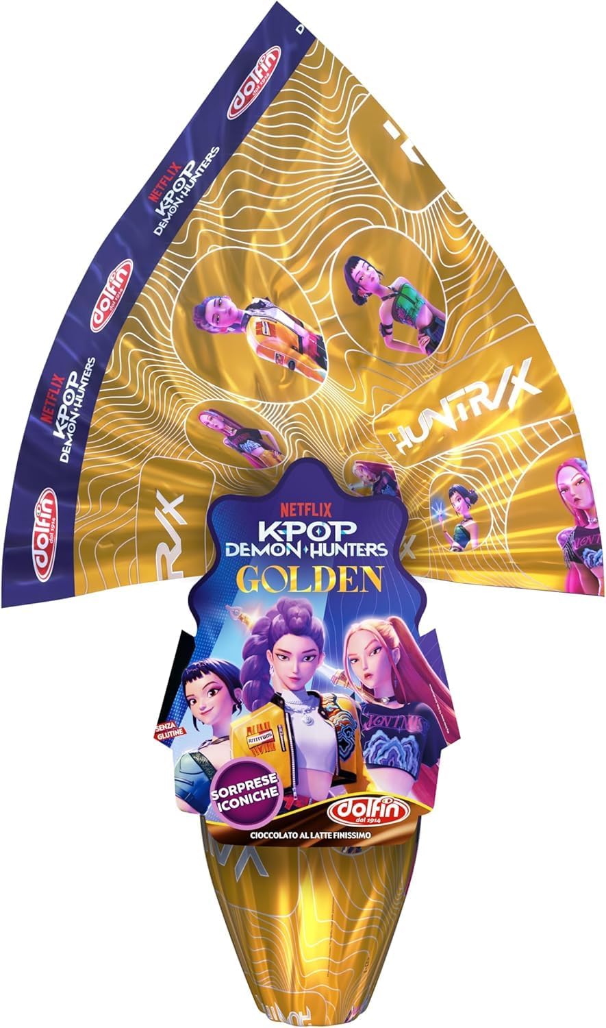 Uovo Pasqua KPOP Demon Hunters Golden, Finissimo Cioccolato al Latte 250 Grammi con Maxi Sorpresa a Tema con adesivo Zeus Party