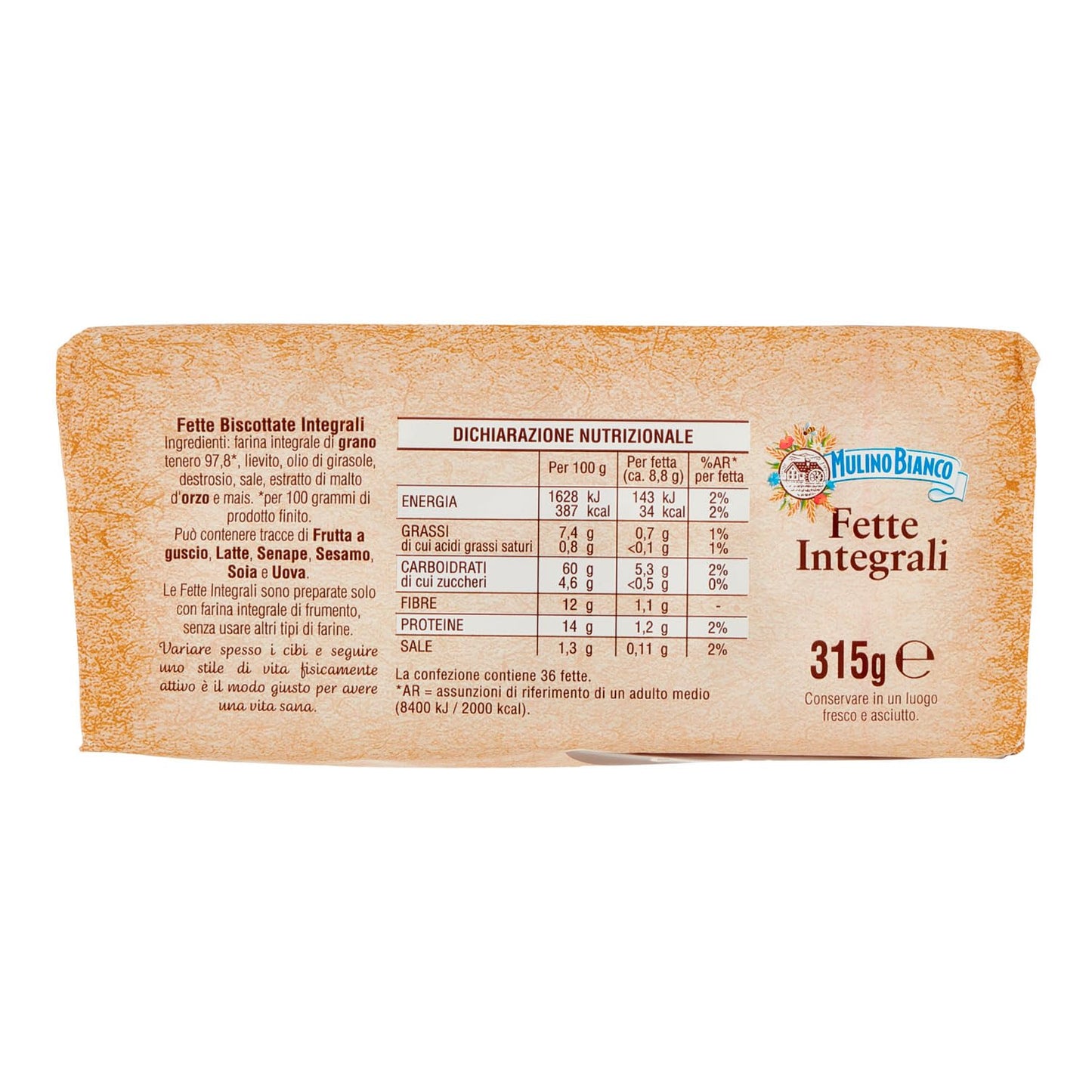 Mulino Bianco Fette Biscottate Integrali, Spesse, Croccanti e Friabili, Senza Olio di Palma, Colazione Ricca di Fibre e Gusto, 315 g (Confezione da 2)