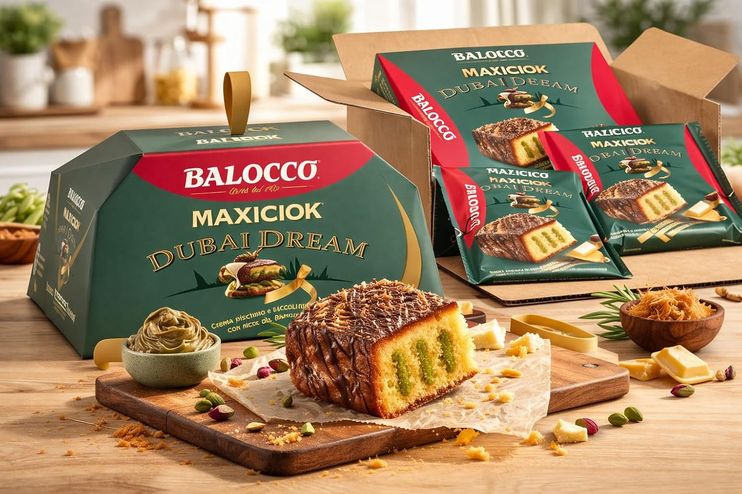 Balocco Colomba Pasquale Maxiciok Dubai Dream Merendine con Crema Pistacchio e Copertura al Cacao, Snack Dolce Ripieno Soffice per Colazione e Merenda Pasqua