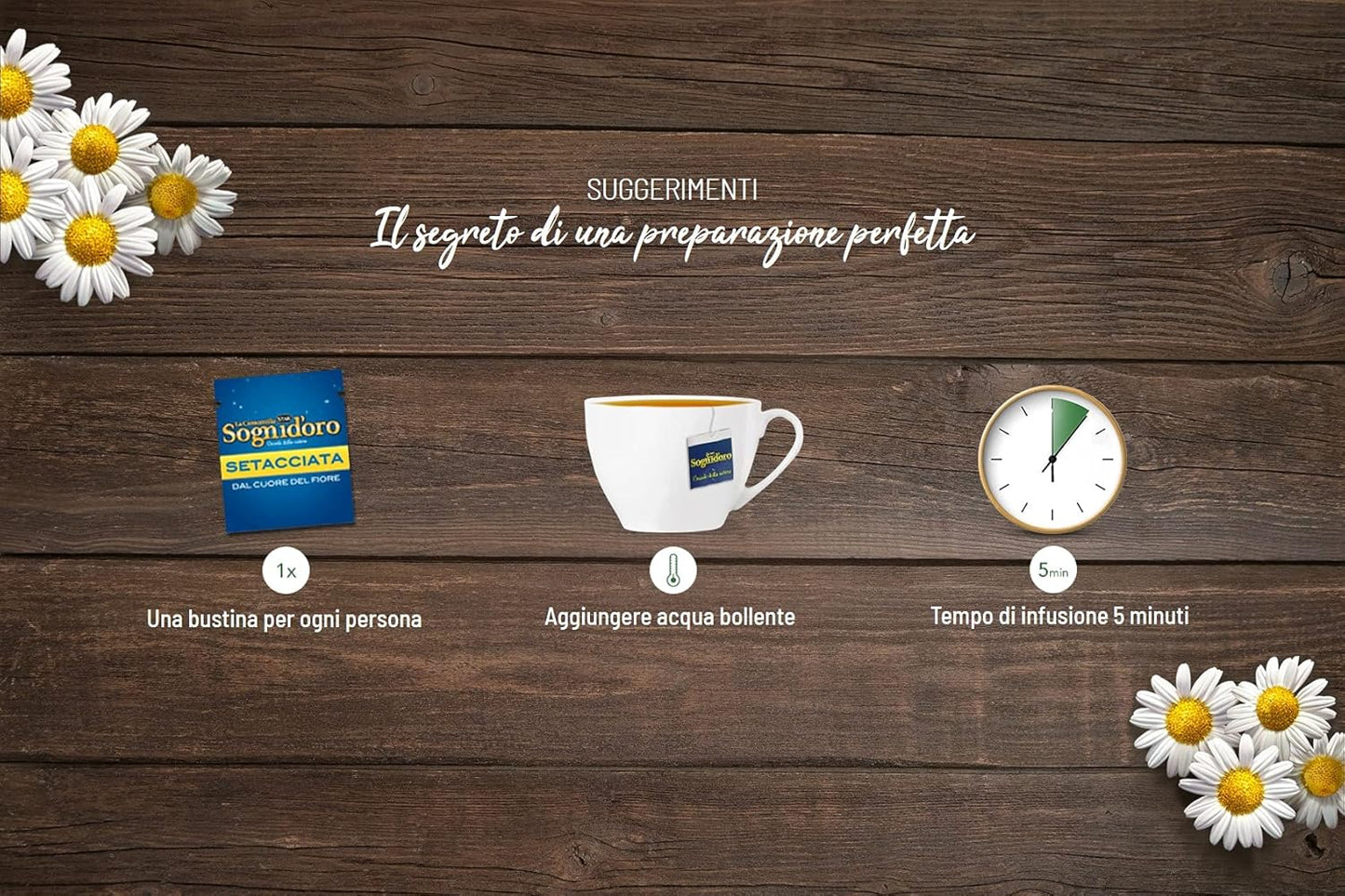 Camomilla Sogni d'oro setacciata, astuccio da 20 Filtri, concediti un po' di relax e sonni tranquilli, gusto inconfondibile e piacevole, pronta soli in 5 min.