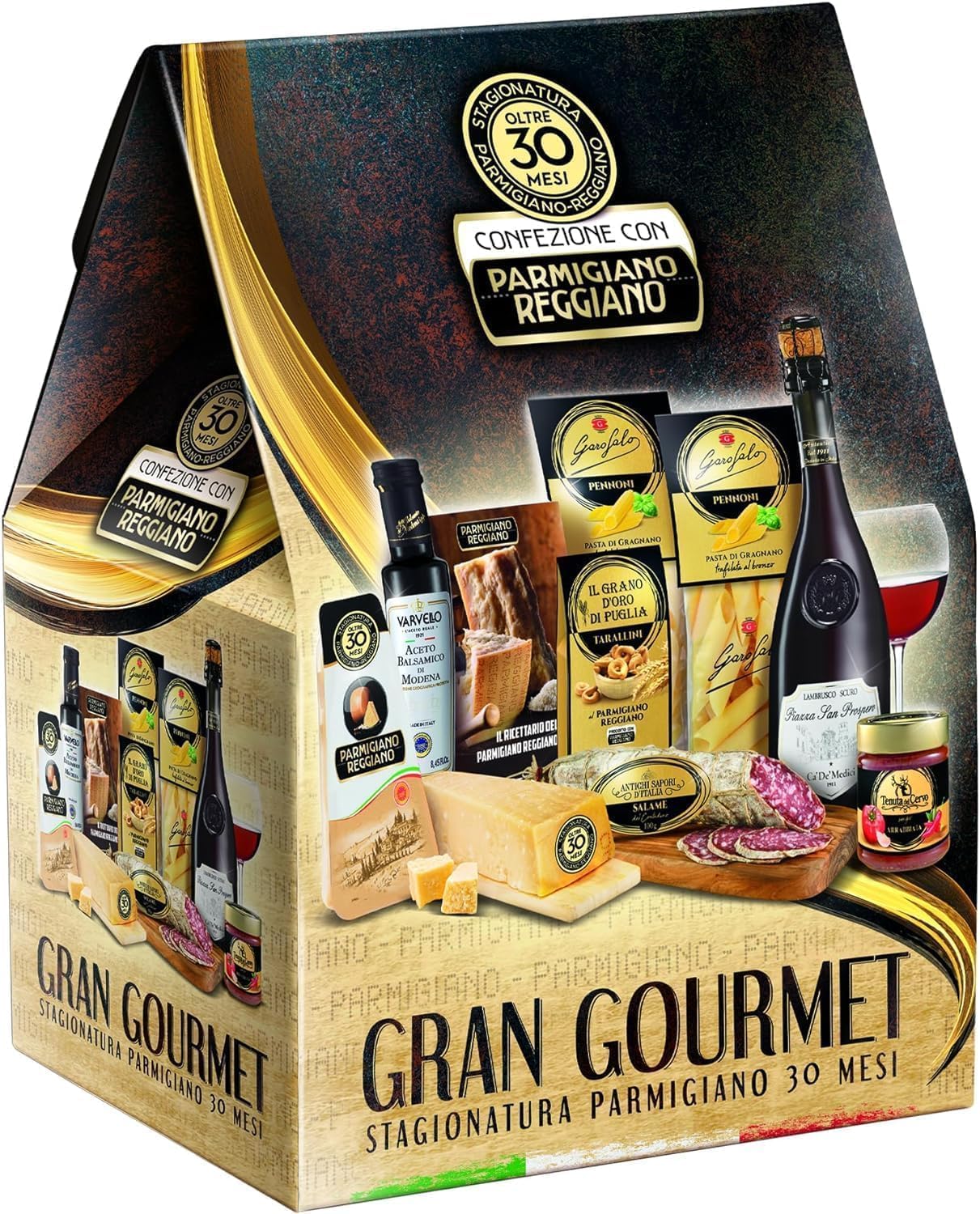 CONFEZIONE GRAN GOURMET LE CADEAU 9 PZ: Vino, Parmigiano Regiano, Aceto Balsamico, Salame, Pasta, Sugo, Tarallini