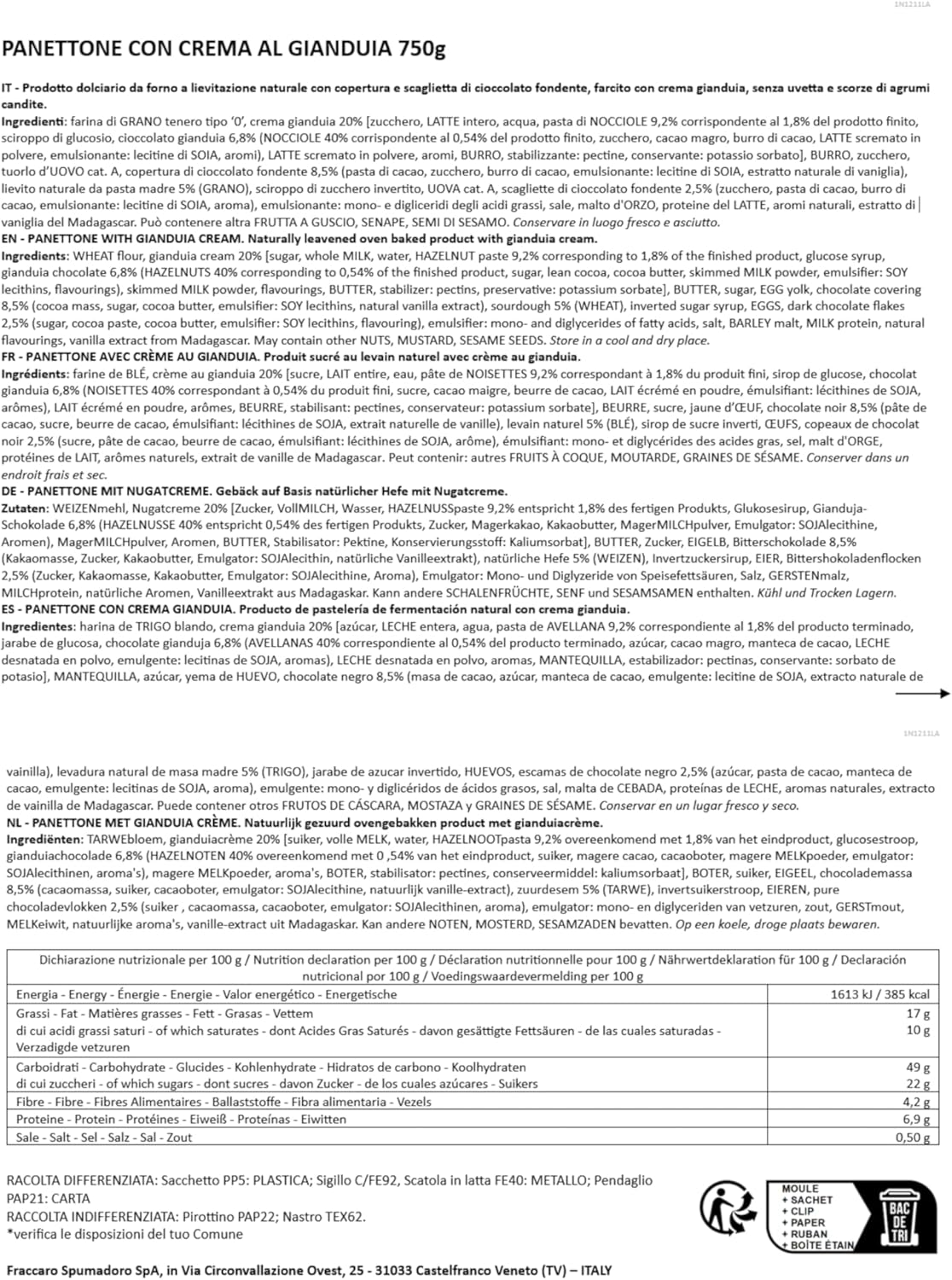 Panettone Artigianale con Crema Gianduia 750gr, Pasticceria Fraccaro 1932, Farcito con Crema alla Gianduia, Senza Canditi e Uvetta, Copertura di Cioccolato Fondente, Impasto con Lievito Madre - Latta