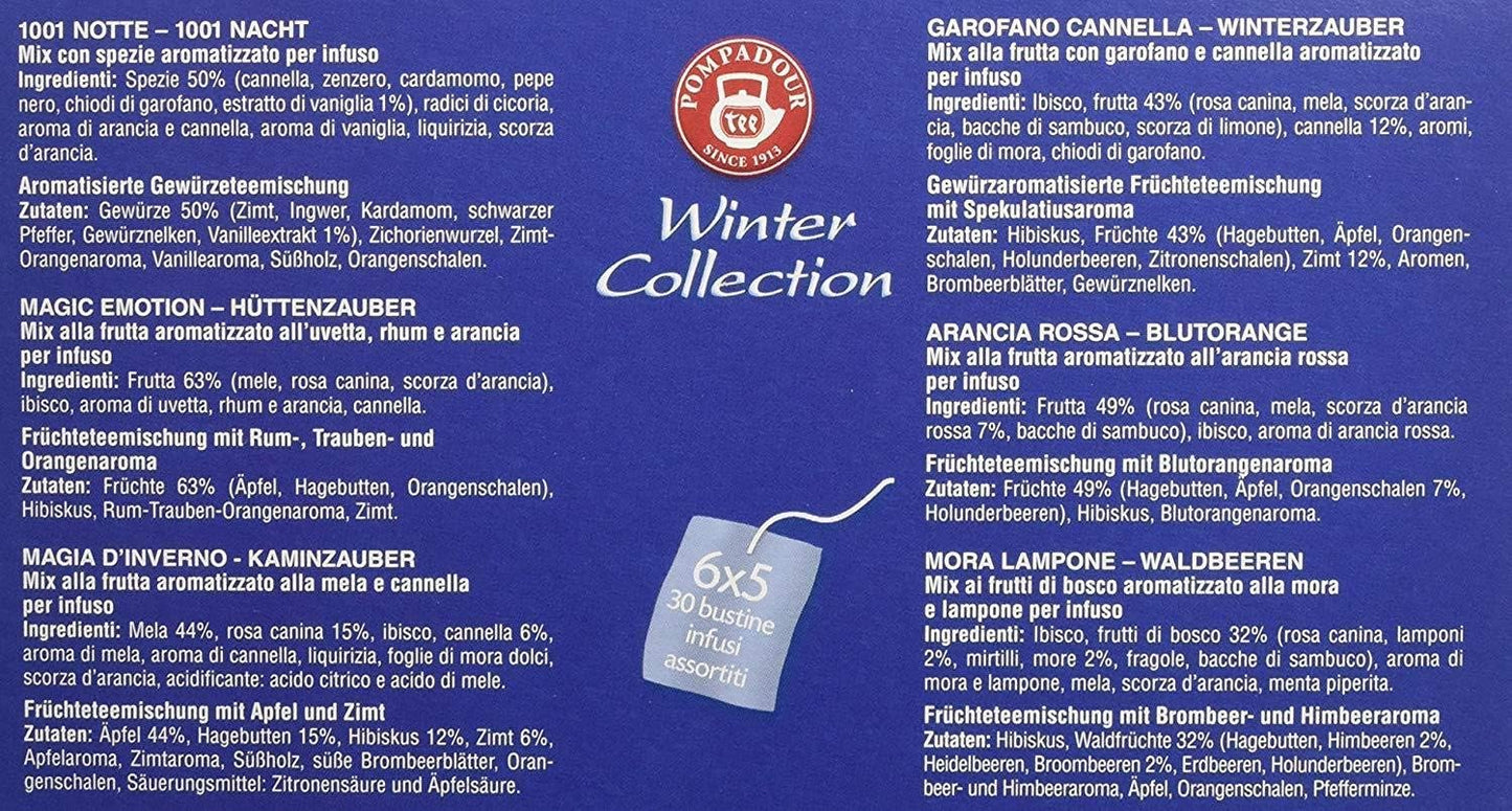 Pompadour Tè | Collezione Inverno Assortimento di Tisane alla Frutta Senza Caffeina - 1 x 30 Bustine di Tè (82.5 Gr)