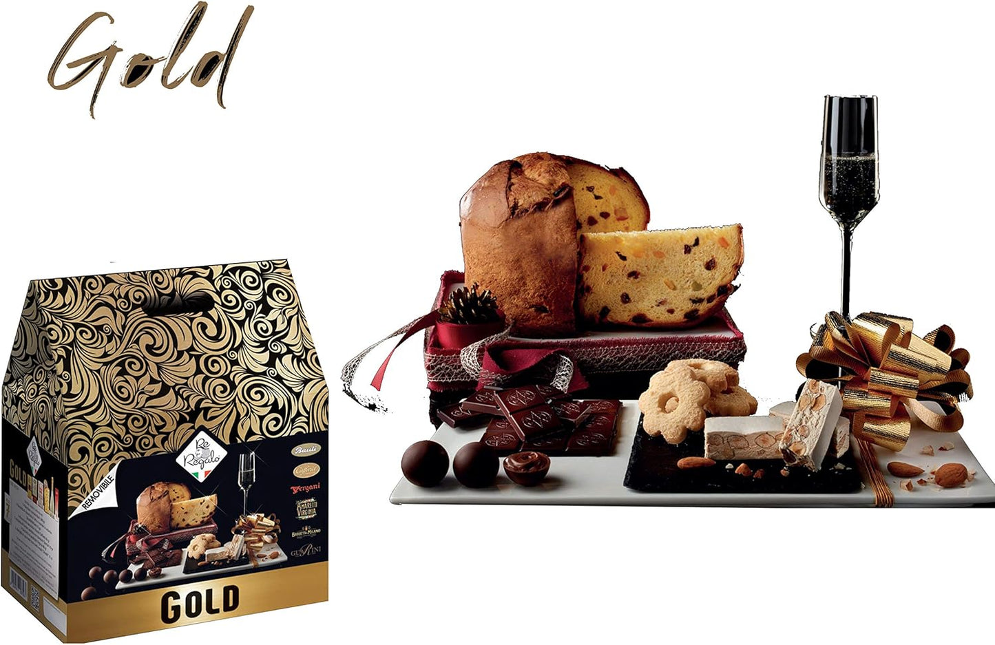REREGALO GOLD Collezione i Sovrani. Cesto natalizio con Panettone Cioccolatini e Spumante. Raffinato regalo di Natale Re Regalo