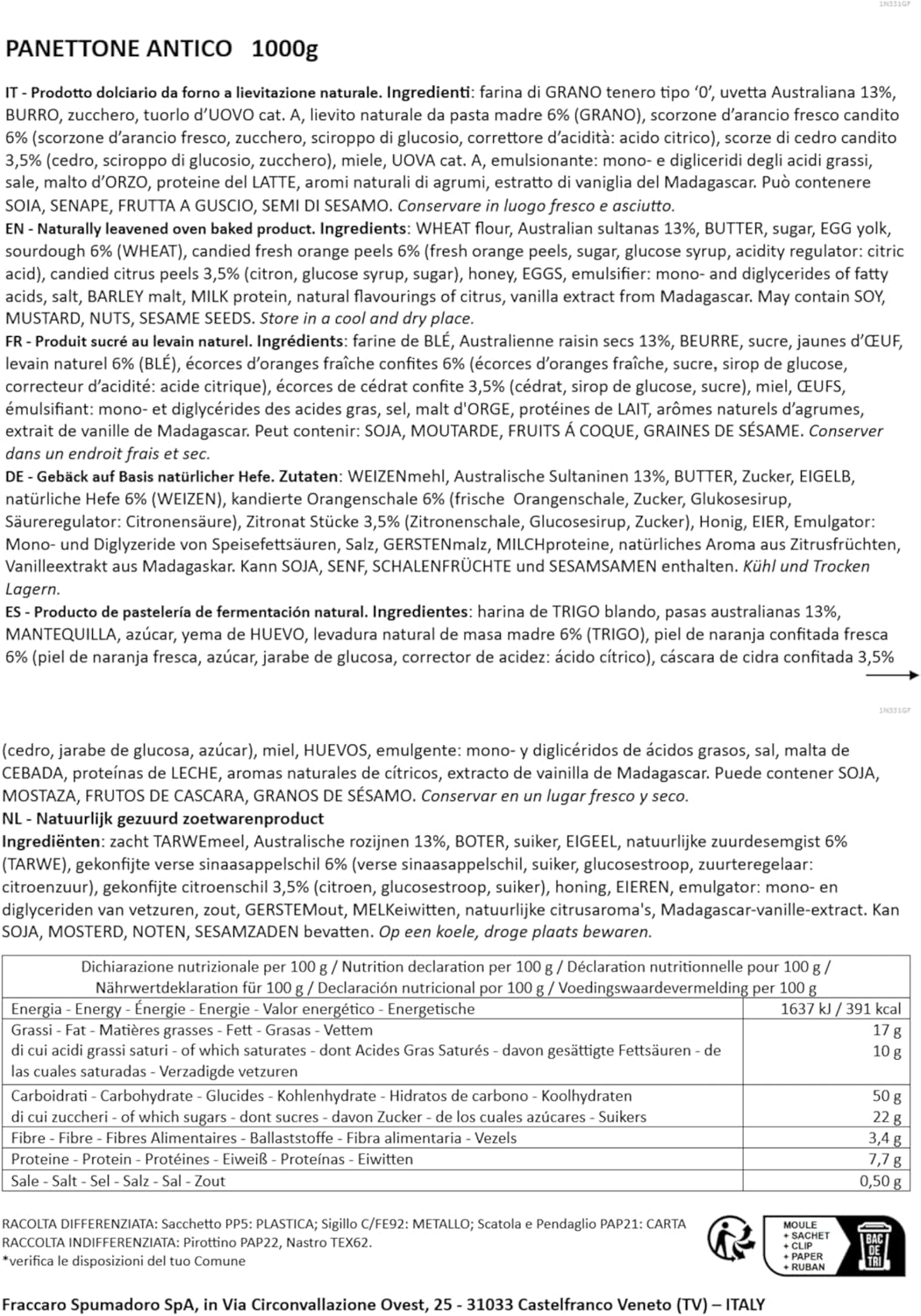 Panettone Artigianale Classico 1Kg - Panettone Milanese con Canditi e Uvette, Pasticceria Fraccaro 1932, con solo Lievito Madre, Dolce Natalizio Made in Italy, Linea Gift Box