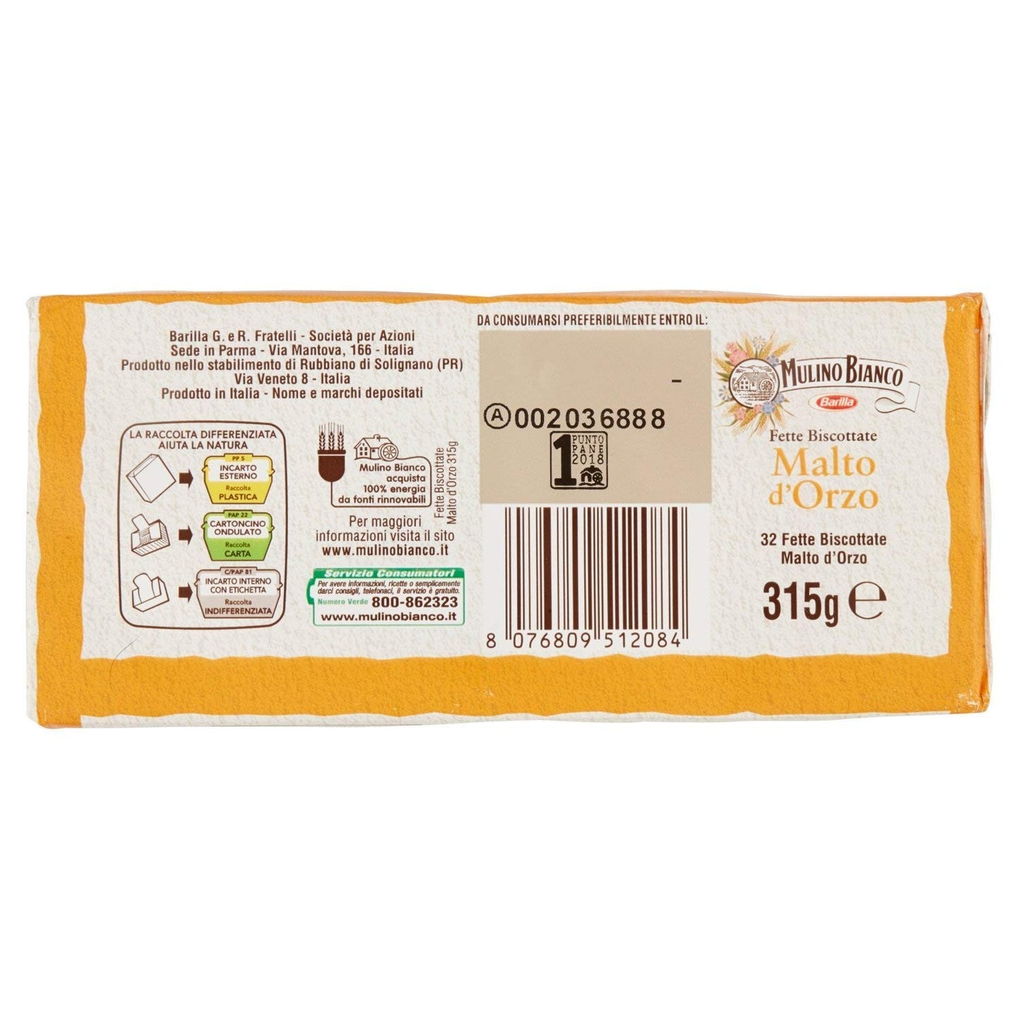 Mulino Bianco Fette Biscottate Le Malto d'Orzo, 315 gr