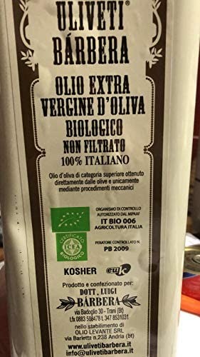 Olio Extravergine D'Oliva Biologico non Filtrato 5 Litri - Dott. Luigi Barbera