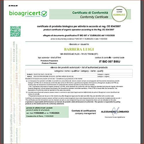 Olio extravergine d'oliva Biologico Dott. Luigi Barbera 0,750 L