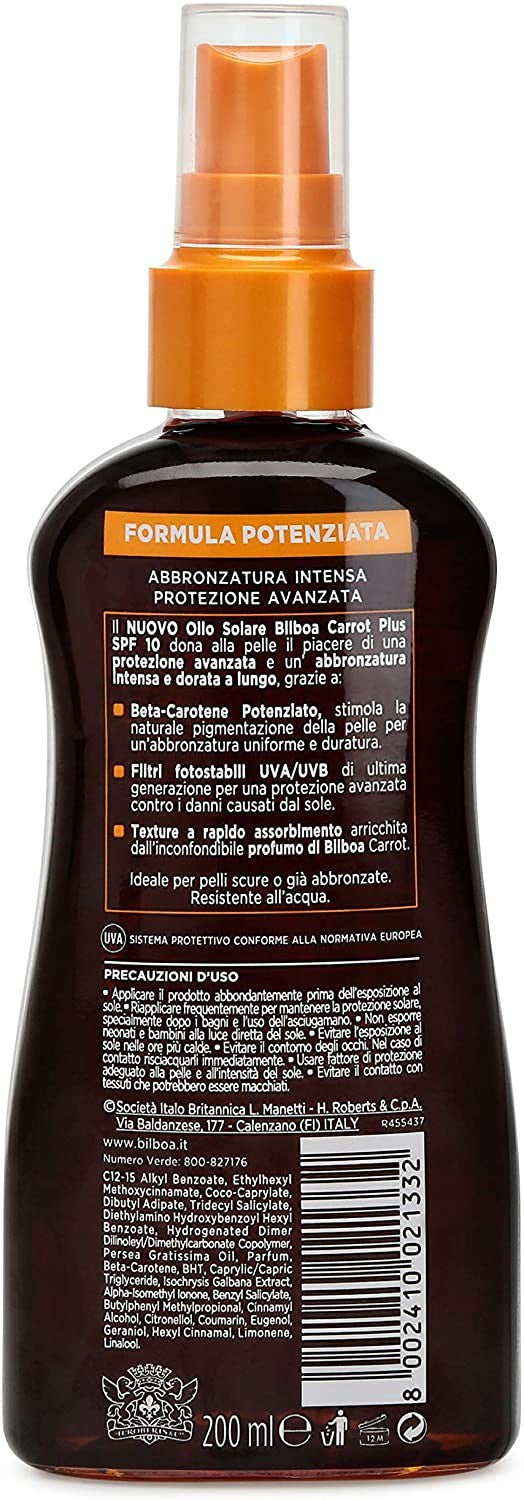 Bilboa Carrot Plus, Olio Solare Spray SPF 10, Olio Abbronzante Corpo, Formula con Betacarotene per una Abbronzatura Intensa e Du