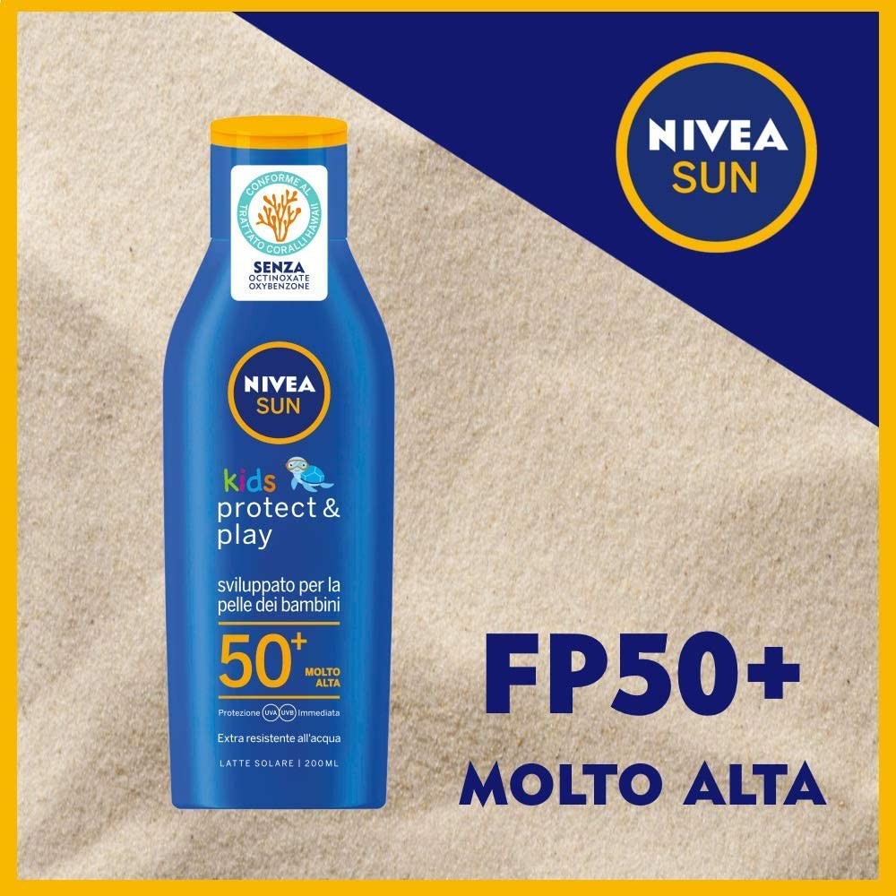 NIVEA SUN Crema Solare Kids Protect & Play FP30 in flacone da 200 ml, Protezione solare per bambini resistente all'acqua, Crema