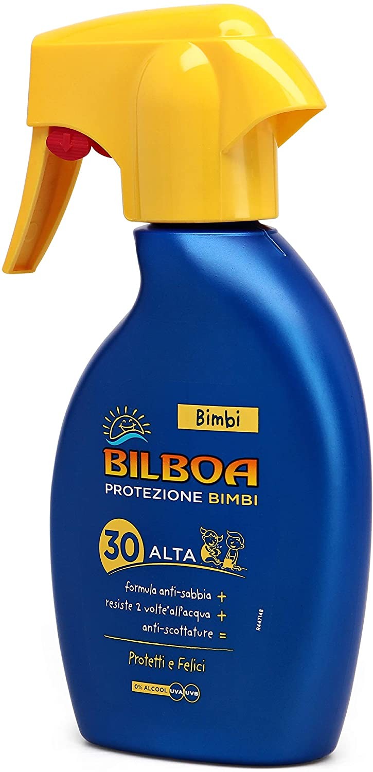 Bilboa Bimbi Trigger Solare Bambini con Protezione SPF 30, Spray Senza Alcool, Formula Anti Sabbia, Resistente all'Acqua e Anti