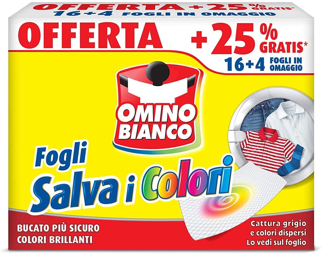 Omino Bianco - Fogli Salva Colore, Struttura a Nido d'Ape, Catturano il Grigio e i Colori Dispersi nel Lavaggio, 16 Pezzi + 4 Om