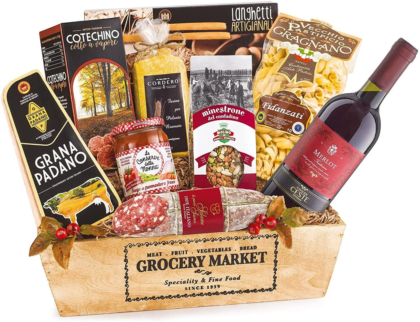 Cesto Natalizio "CASSETTA CONTADINA" con 10 Pezzi , idea Regalo