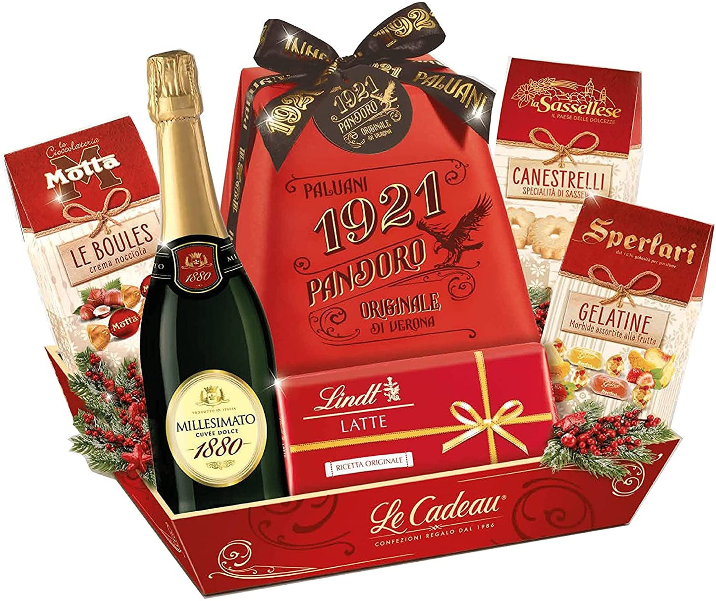 Confezione cesto Natalizio "Cesto Strenna Agrifoglio" 7 pezzi idea regalo Le Cadeau