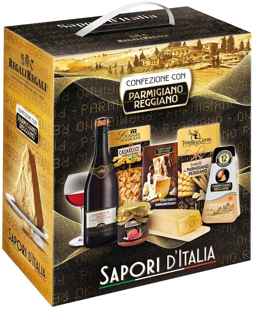 CESTO DI NATALE STRENNA SAPORI D'ITALIA CON SCATOLA SERIGRAFATA E RICETTARIO DEL CONSORZIO PARMIGIANO REGGIANO