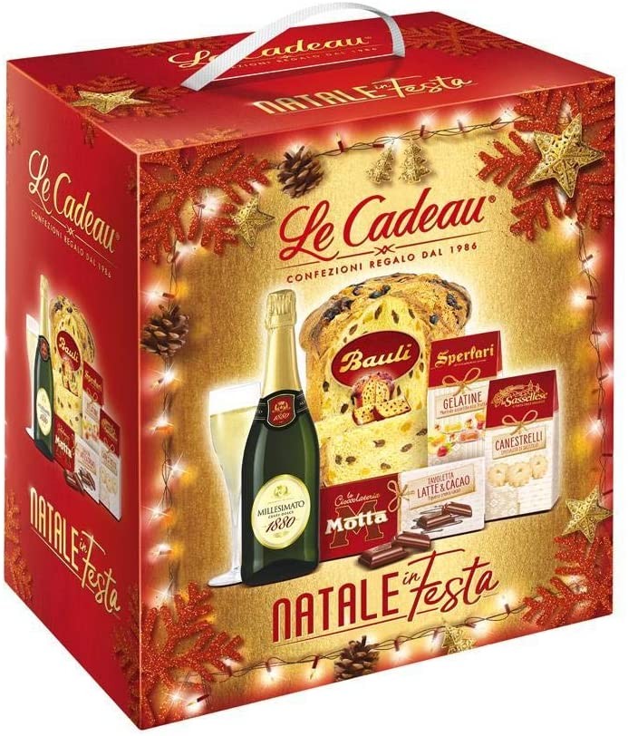 Le Cadeaux Natale in Festa Confezione Regalo, Cesto Natalizio Alimentare con Panettone Bauli 500 g, Gelatine Sperlari 100 g, Can