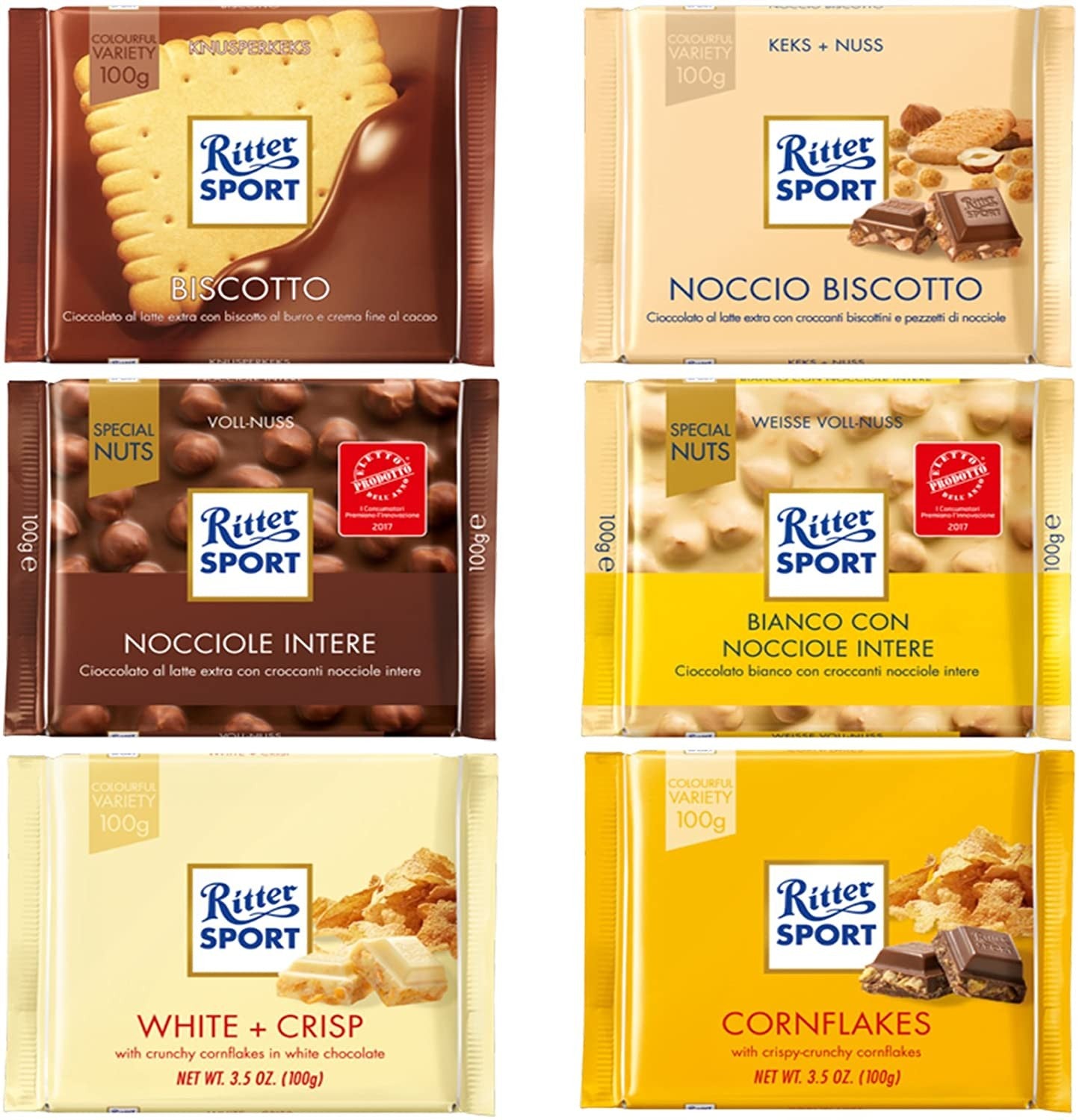 6 TAVOLETTE RITTER SPORT GUSTI ASSORTITI CIOCCOLATO BIANCO LATTE BISCOTTO 100gr