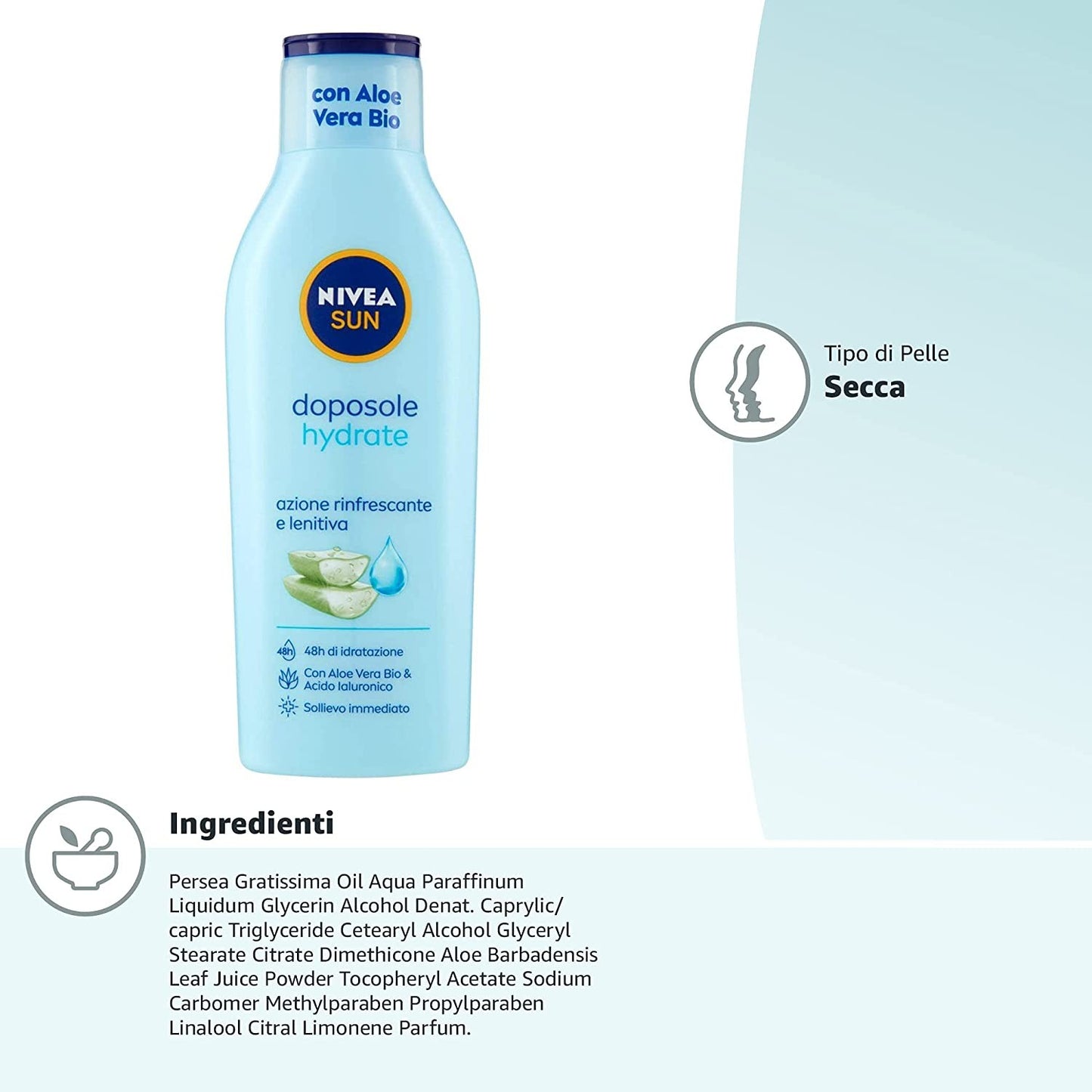 NIVEA SUN Latte Doposole Hydrate in flacone maxi formato da 200 ml, Latte corpo con Aloe Vera Bio e Acido Ialuronico, Crema dopo