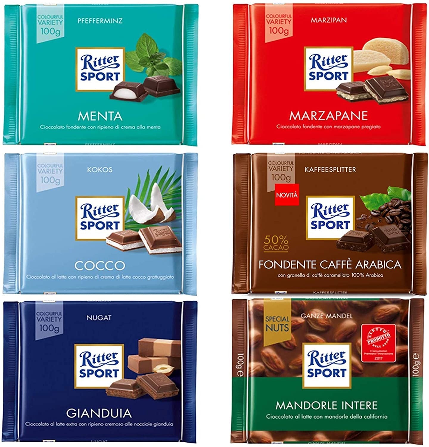 6 TAVOLETTE RITTER SPORT GUSTI ASSORTITI CIOCCOLATO LATTE ESPRESSO COCCO 100gr