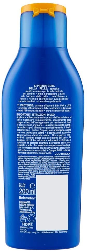 NIVEA SUN Crema Solare Kids Protect & Play FP50+ in flacone da 200 ml, Protezione solare per bambini resistente all'acqua, Crema