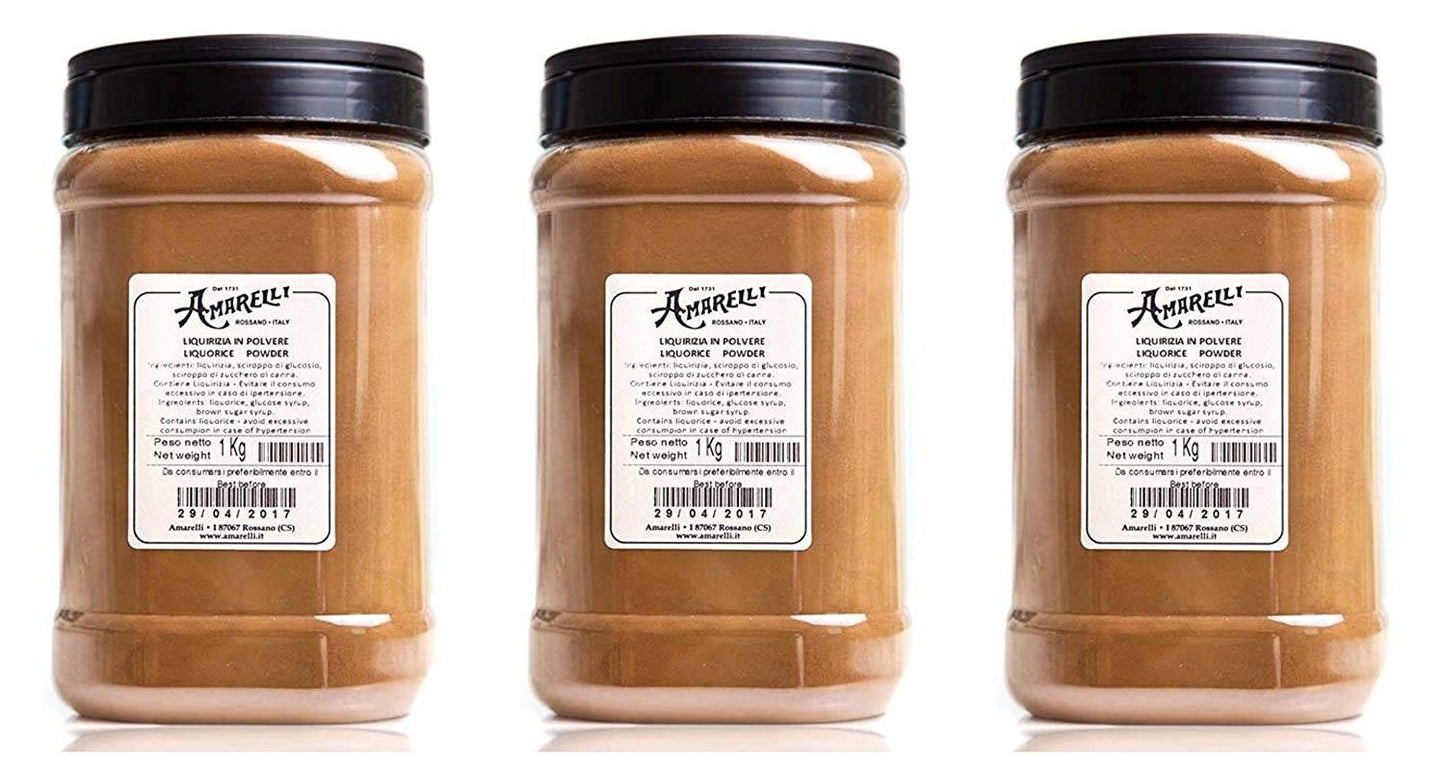 AMARELLI - POLVERE DI LIQUIRIZIA BARATTOLO 3 CONFEZIONI DA 1 KG, solubile, ideale per ricette a base di liquirizia
