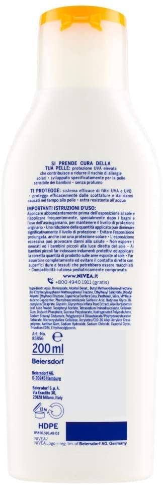 NIVEA SUN Crema Solare Kids Sensitive Protect & Play FP50+ in flacone da 200 ml, Protezione solare senza profumo, Crema per bamb