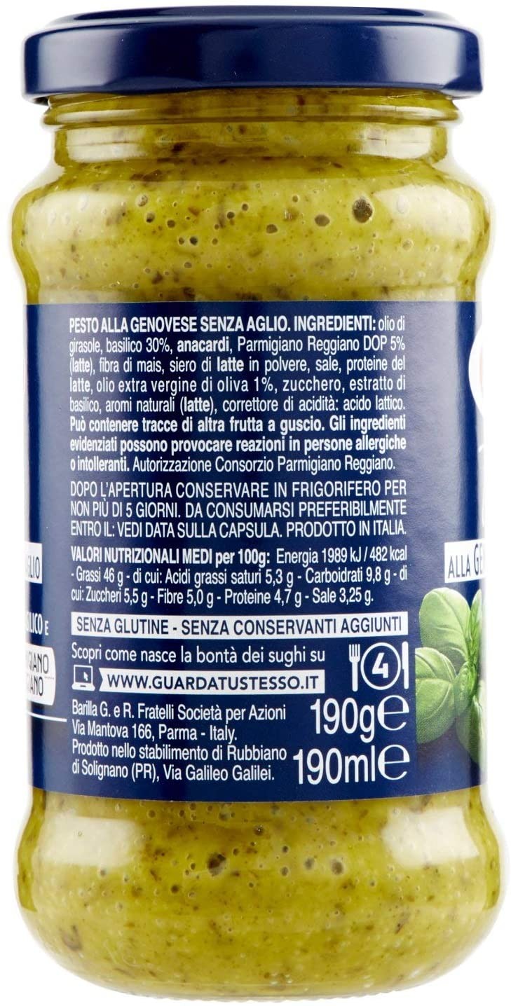 Barilla Sugo Pesto alla Genovese senza Aglio con Basilico Fresco Italiano e Parmigiano Reggiano Dop, senza Glutine, 190g