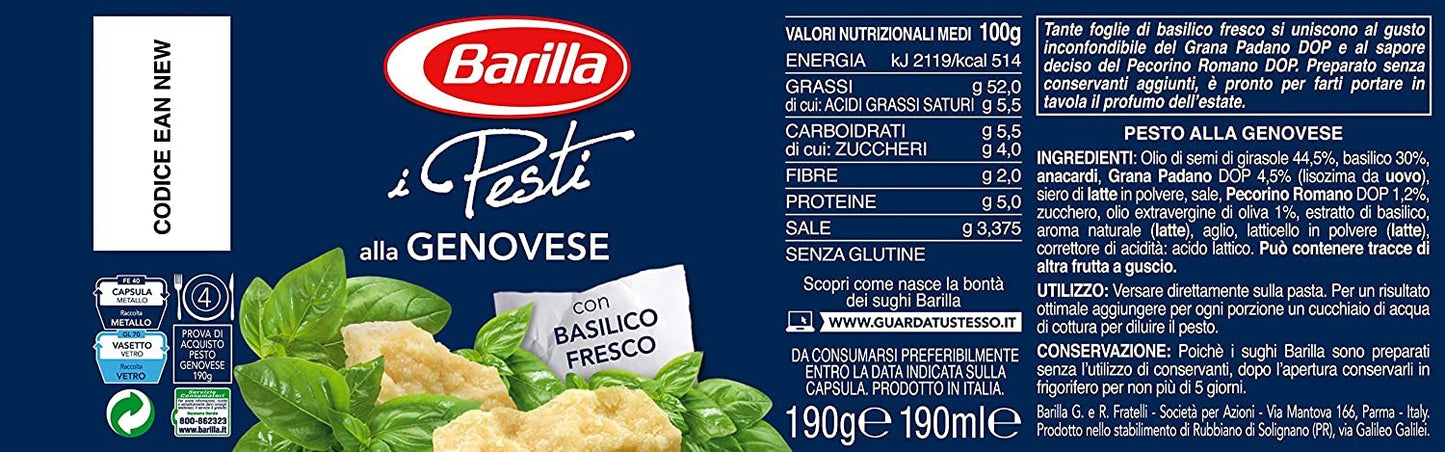Barilla Sugo Pesto alla Genovese con Basilico Fresco Italiano e Parmigiano Reggiano Dop senza Glutine, 190g