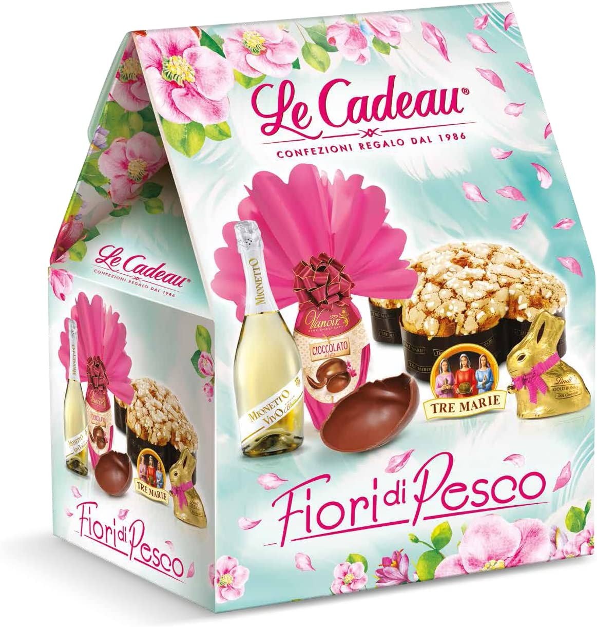 Le Cadeau - Cesto Fiori di Pesco - 4 Pezzi - Strenna Regalo con Uovo di Pasqua, Coniglietto, Colomba e Spumante
