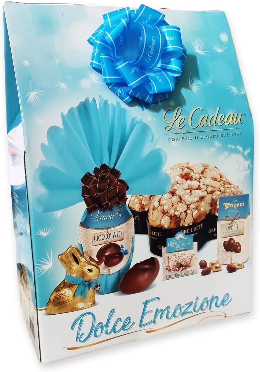 Le Cadeau - Cesto azzurro Dolce Emozione 2022 - 4 Pezzi - Shoppers con Uovo di Pasqua, Coniglietto, Colomba e Ovetti