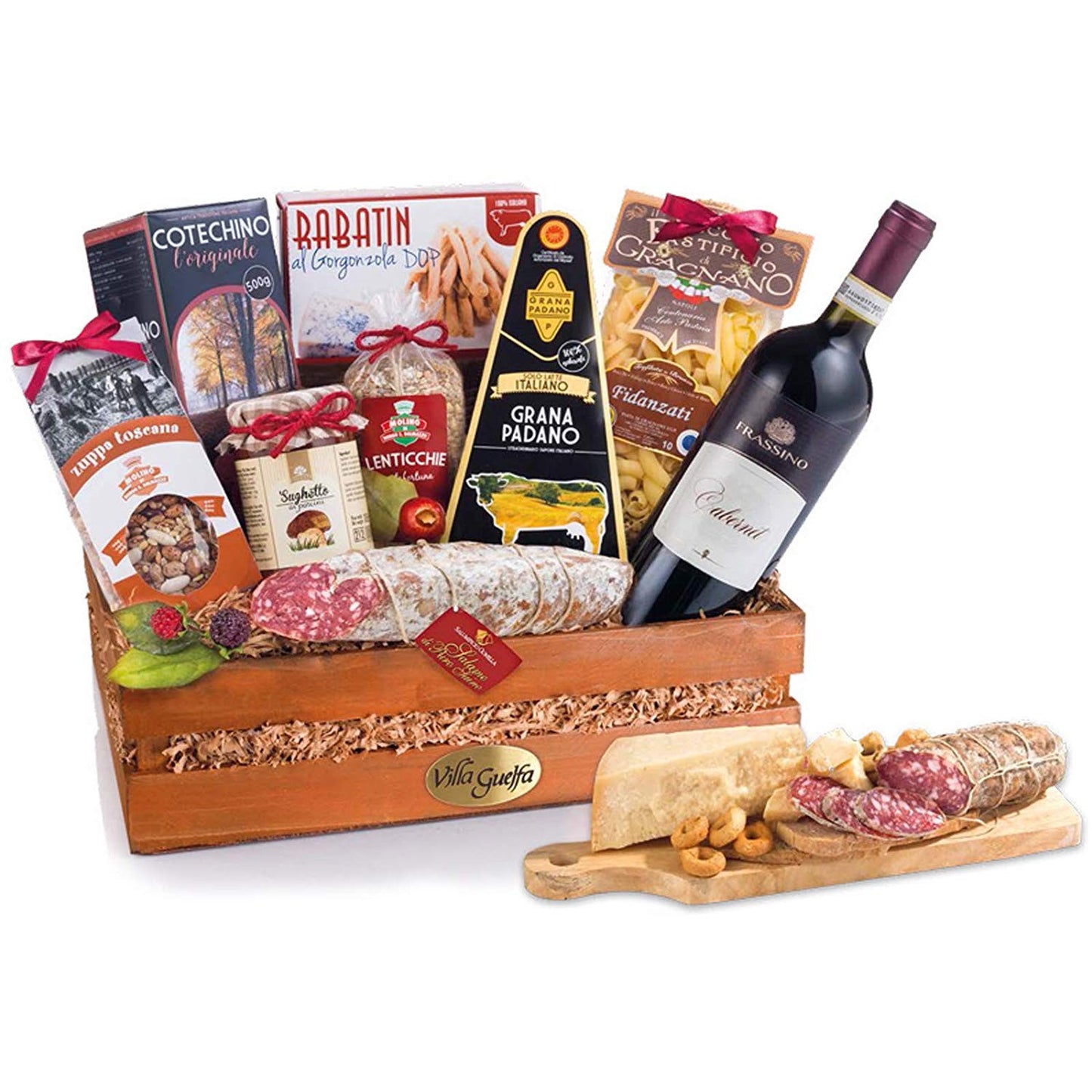 CESTA NATALE VILLA GUELFA CASSETTA CONTADINA 10 PEZZI REGALO GRANA PASTA VINO