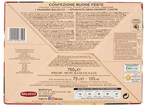 CONFEZIONE NATALE BALOCCO PANDORO 750GR + BOTTIGLIA SPUMANTE GRAN DESSERT CONTRI 750ML 10% BUONE FESTE