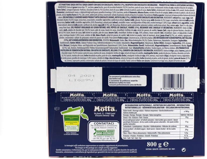 PANETTONE MOTTA GRAN CREMOSO ALLA CREMA PASTICCERA CON GOCCE DI CIOCCOLATO GR.800