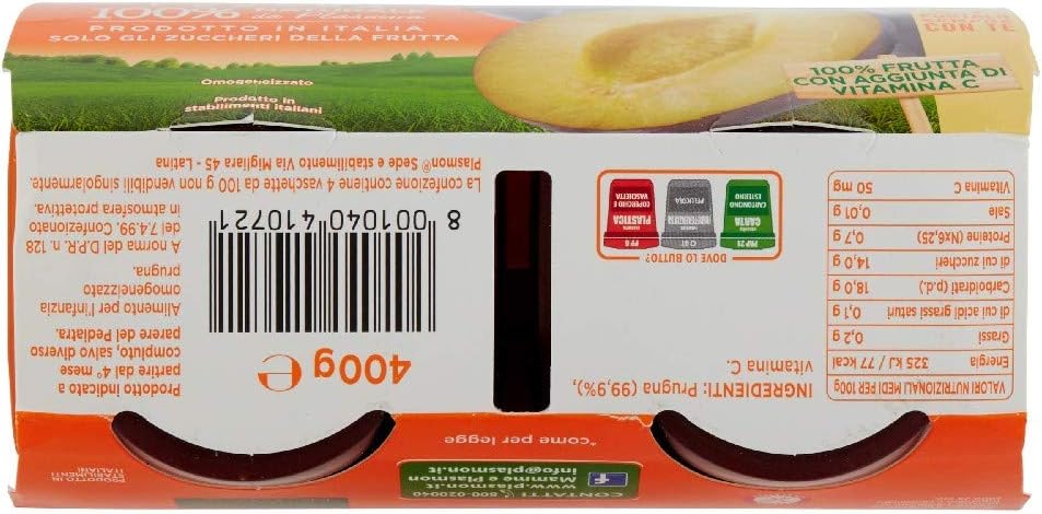 Plasmon Omogeneizzato La Frutta dei Bambini Prugna 4x100gr (6 Confezioni) con Frutta selezionata, 100% Frutta, con aggiunta di Vitamina C