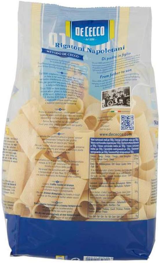 De Cecco Rigatoni Napoletani Pasta Corta 500 gr, Confezione da 4