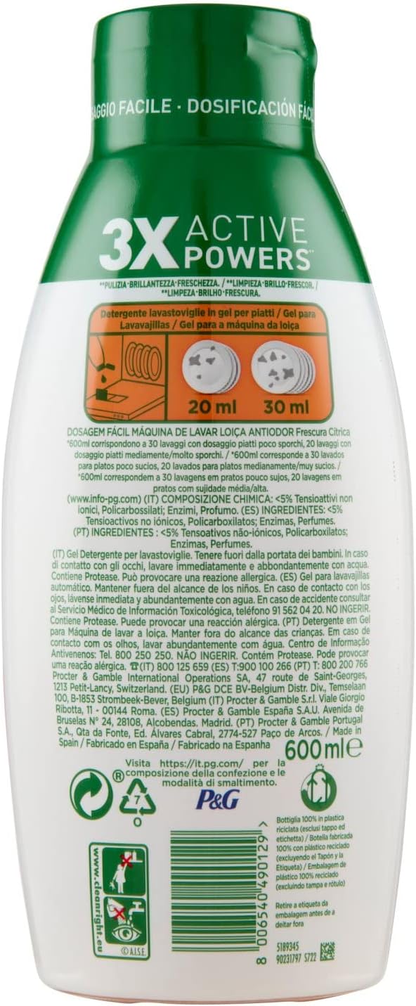 Fairy Detersivo Lavastoviglie Gel Liquido, 30 Lavaggi, Platinum Freschezza Agrumata, Dona Extra Brillantezza Alla Lavastoviglie, Combina Pulizia Brillantezza E Freschezza