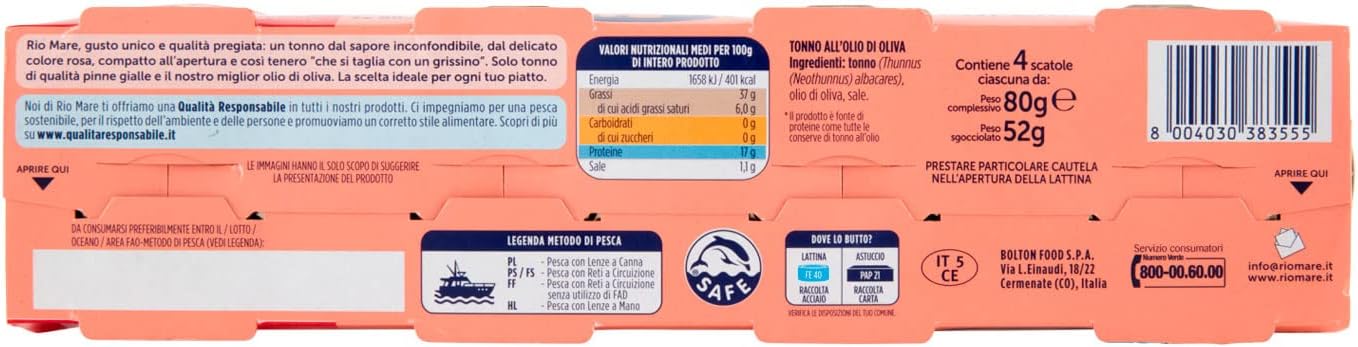 Rio Mare - Tonno all'Olio di Oliva, Qualità Pinne Gialle, 4 Lattine da 80g
