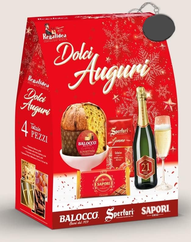Regalidea, Strenna "Dolci Auguri" Red Version con 4 pezzi: Panettone, Gemme Gelatine alla Frutta, Tavoletta di Cioccolato e Spumante