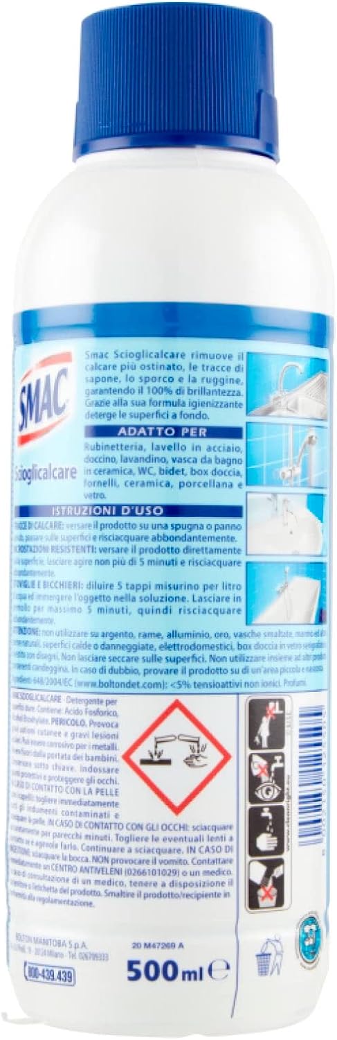Smac - Scioglicalcare Gel, Detergente Anticalcare Bagno, Azione Igienizzante e Brillantezza, 500 ml x 6 Pezzi