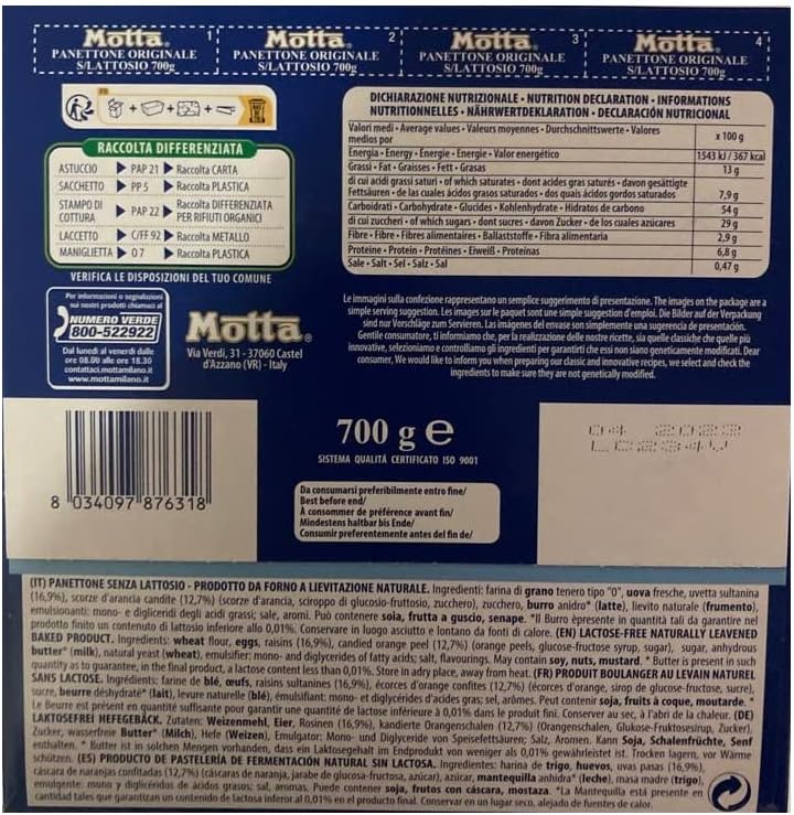 Motta Il Panettone Originale Classico Senza Lattosio, 700 g (Lactose Free)