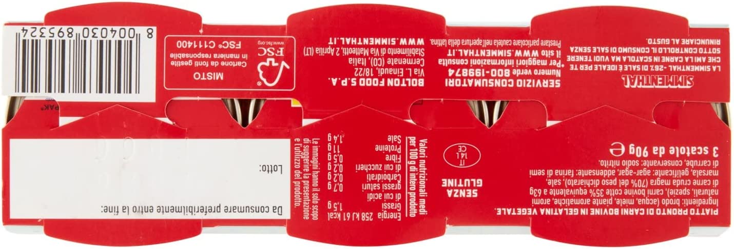 Simmenthal - Carne in Scatola di Bovino Magra Lessata Meno Sale con Gelatina Vegetale e Miele, 3 Lattine da 90 gr