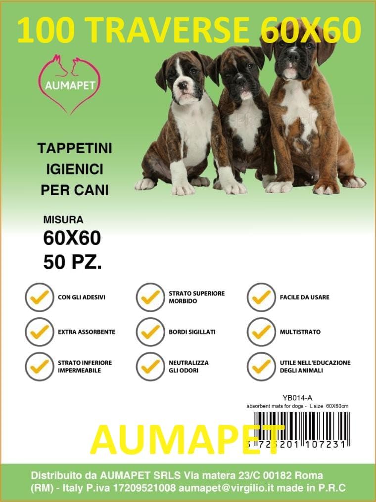 100 TAPPETINI ASSORBENTI IGIENICI PER CANI 60X60 TRAVERSE PER CANE AUMAPET