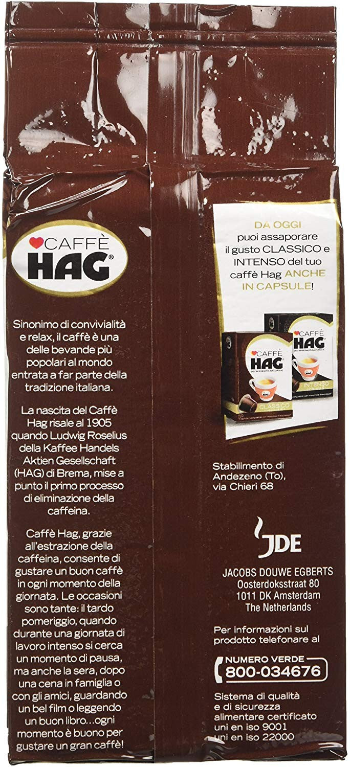 Hag - Caffè Macinato Decaffeinato Gusto Classico - Miscela Caffè per Moka - 16 Confezioni - Pacco da 250 gr