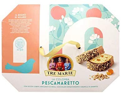 LA COLOMBA TRE MARIE PESCA AMARETTO 800 GR, CON CANDITI DI PESCA RICOPERTO DA CIOCCOLATO EXTRA FONDENTE E GRANELLA DI AMARETTO