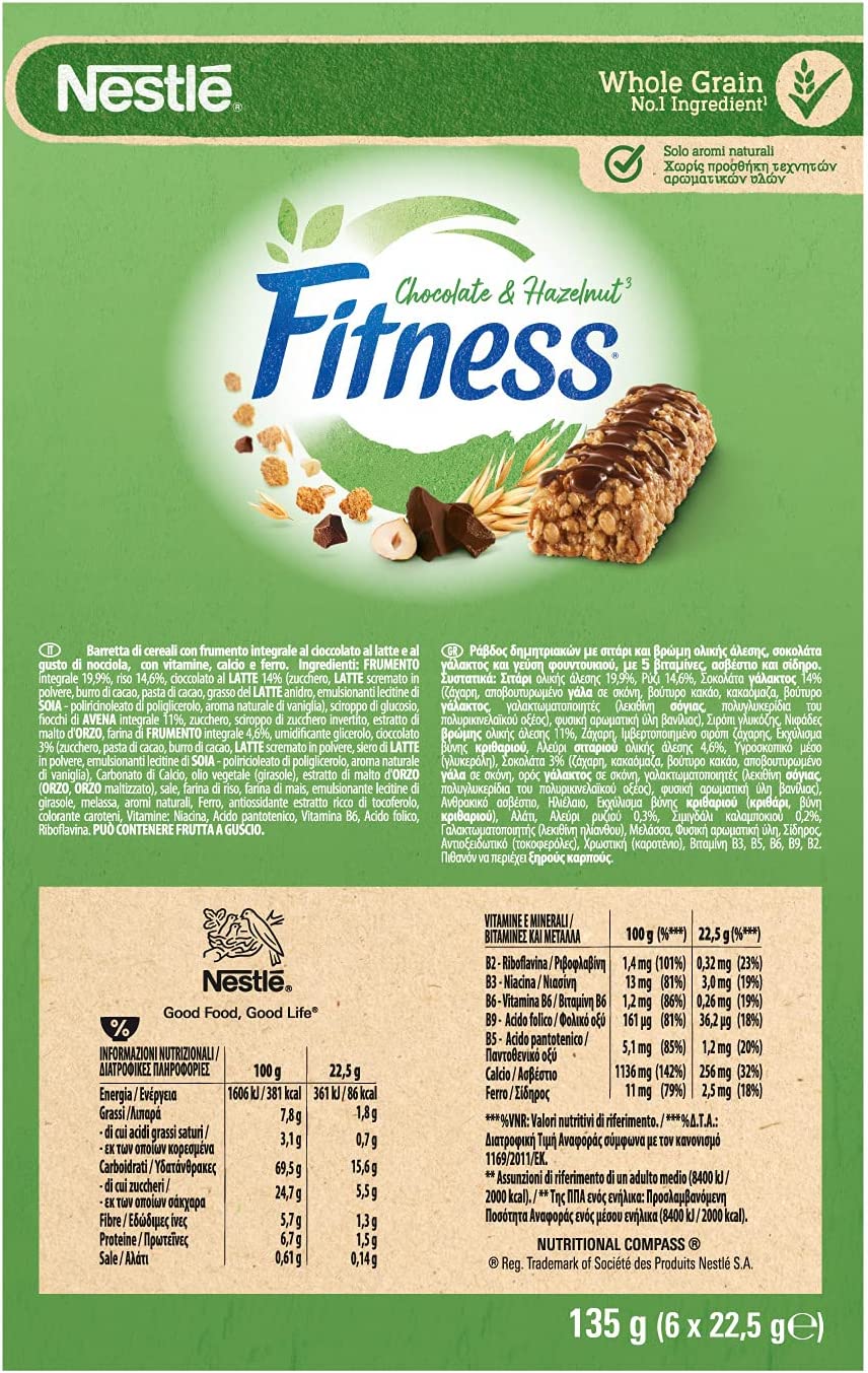 FITNESS CHOCO HAZELNUT Barretta di Cereali Integrali con Cioccolato e al Gusto Nocciola 6 Pezzi
