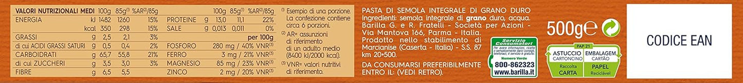 Barilla Pasta Spaghetti Integrali, Pasta Lunga di Semola Integrale di Grano Duro - 500 gr