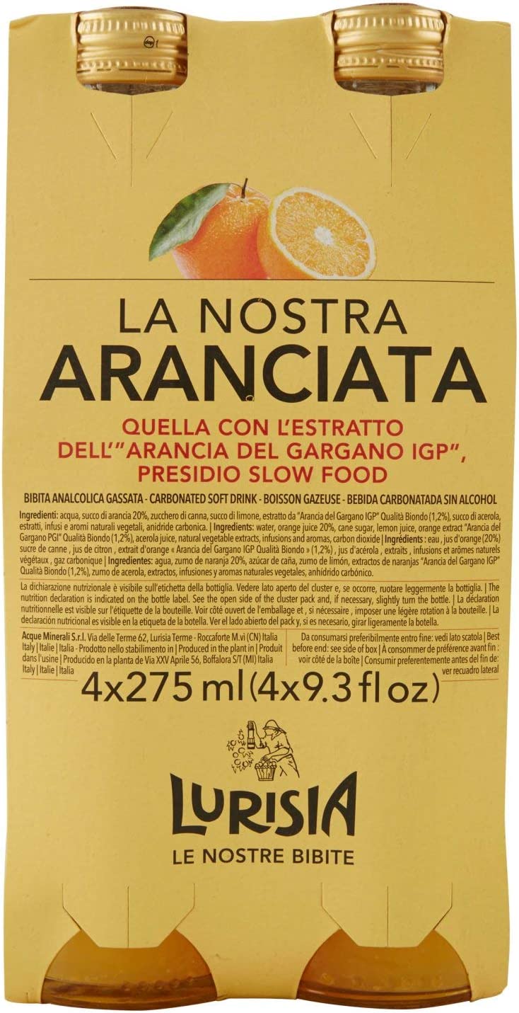 Lurisia La Nostra Aranciata – 4 Bottiglie in Vetro da 275ml, Bevanda Analcolica Prodotta con il Succo delle Arance Italiane e l’Estratto di Arance Pugliesi, Gusto Dissetante